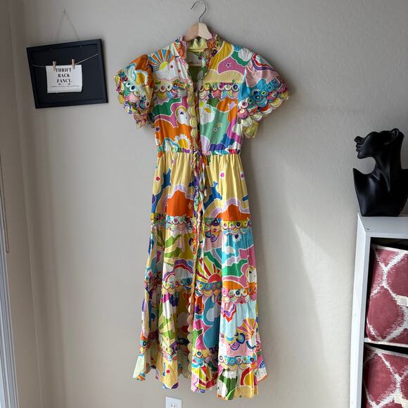 CELIA B Dress Cordelia Whimsical Colorful Scalloped Button Front Midi Dress S - Picture 3 of 11